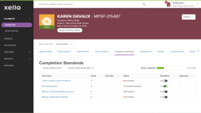 Educator account in Xello. A student's profile is open to the Completion Standards tab with the student's assigned tasks. A progress bar indicates that a few tasks are completed